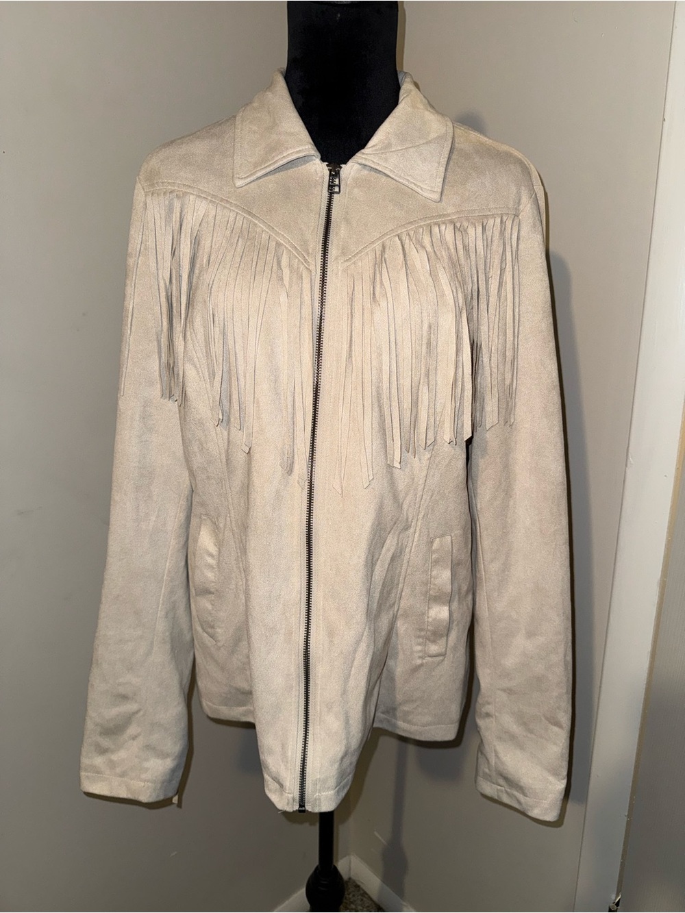 Women's Suede Fringe Zip Jacket in Light Beige